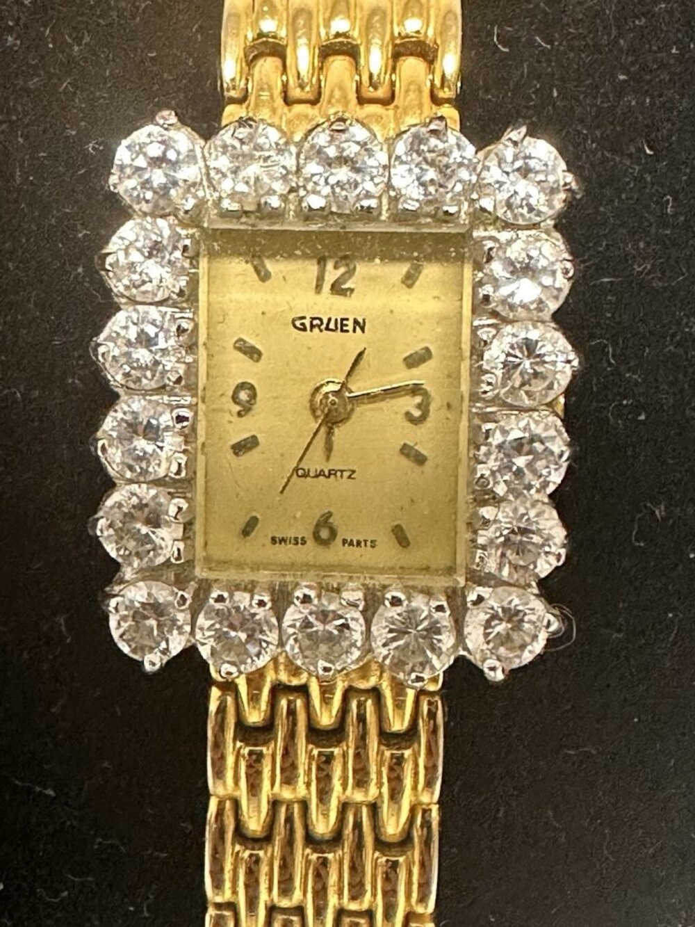 Vintage Gruen Watch Womens Gold Tone Rectangle Case Crystal Bezel Bling Works